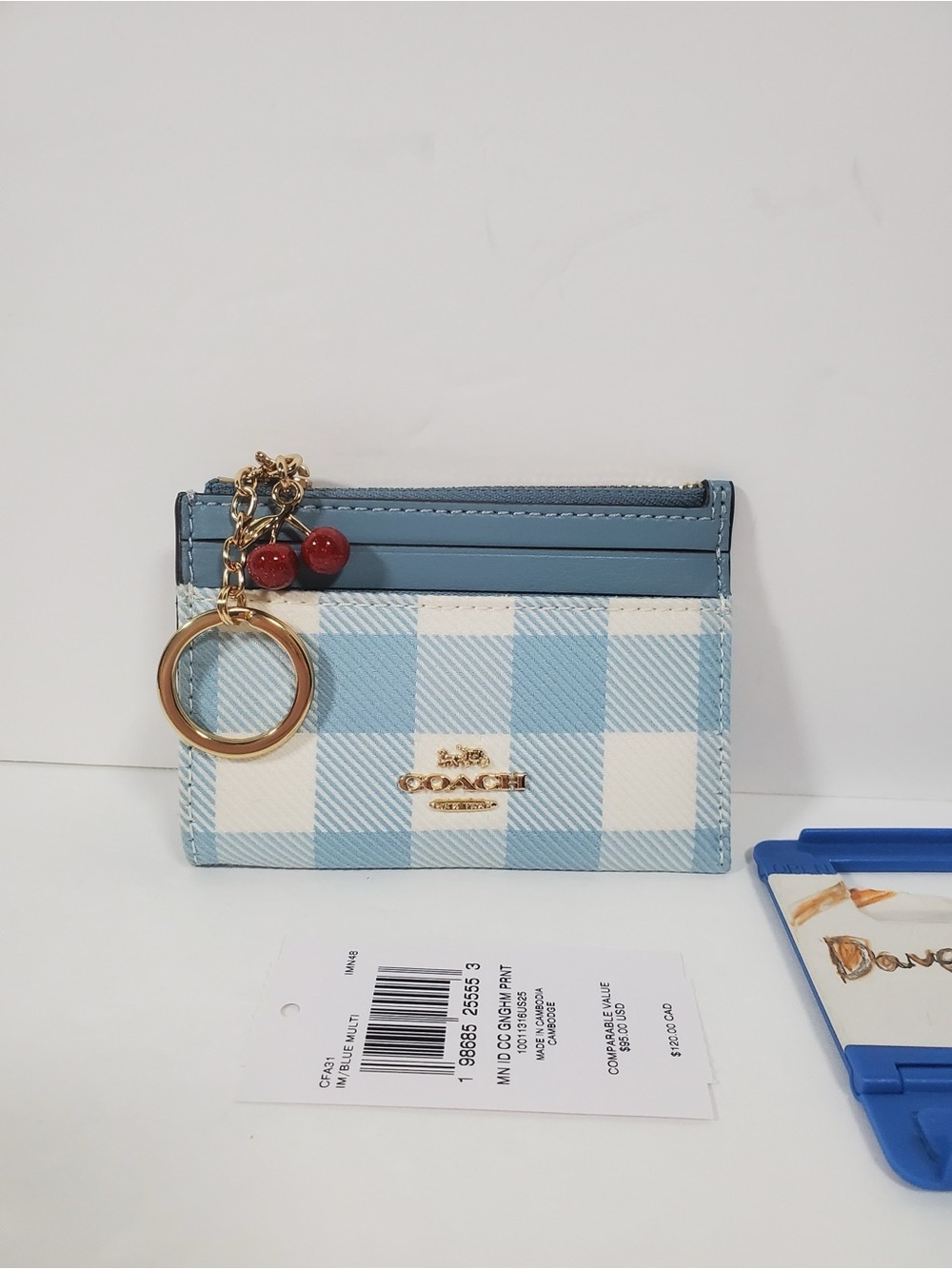 Coach Mini Skinny Id Case With Gingham Print And Charm NWT